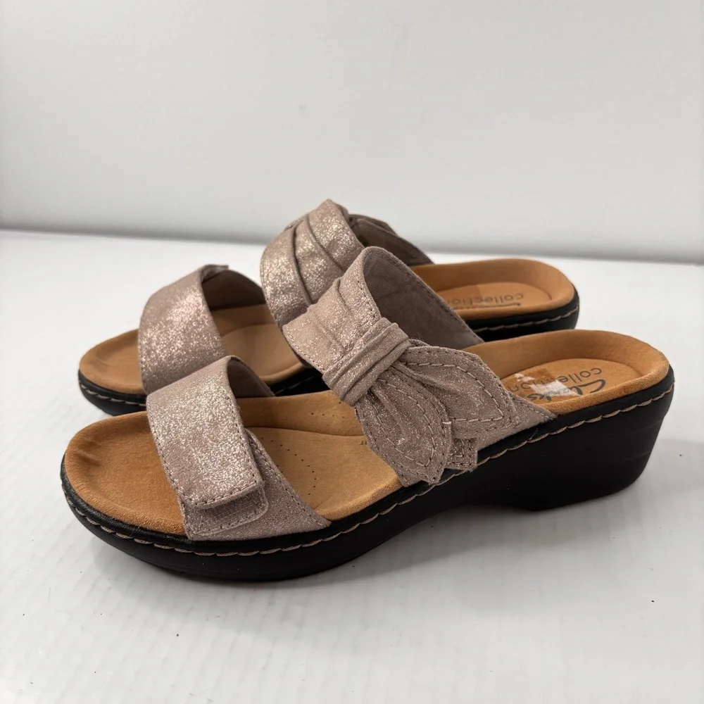 Clarks Merliah Charm Comfort Sandals Taupe Metallic Slides Size 6.5 Adjustable